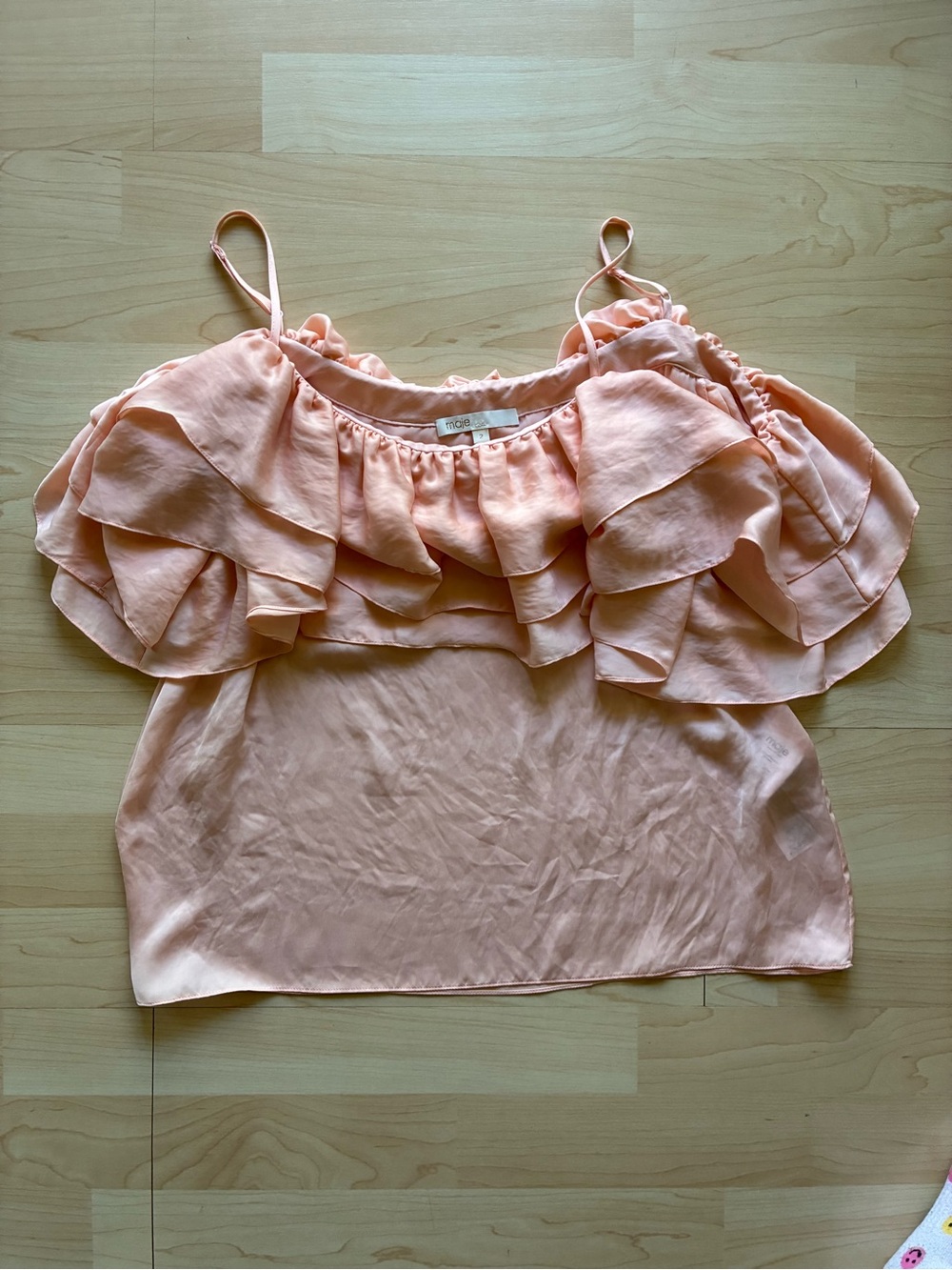 Maje Pink Silk Satin Ruffle Off Shoulder Spaghetti Strap Blouse Size 2
